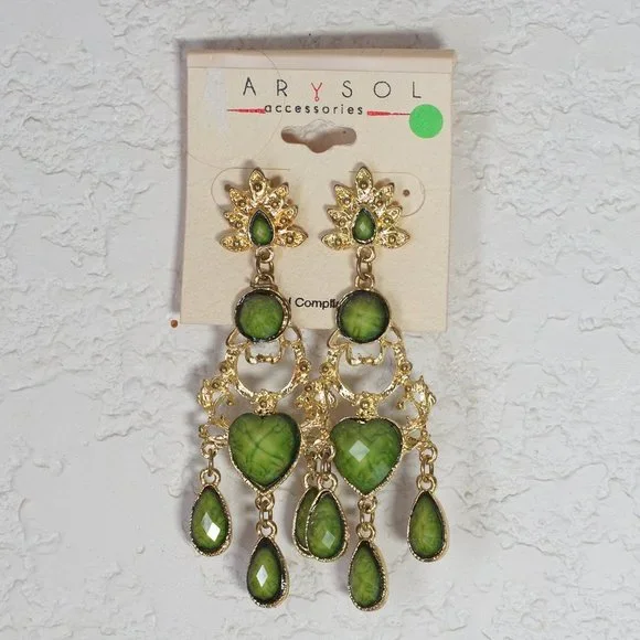 Gold dangling earrings with green stones. - Picture 1 of 1